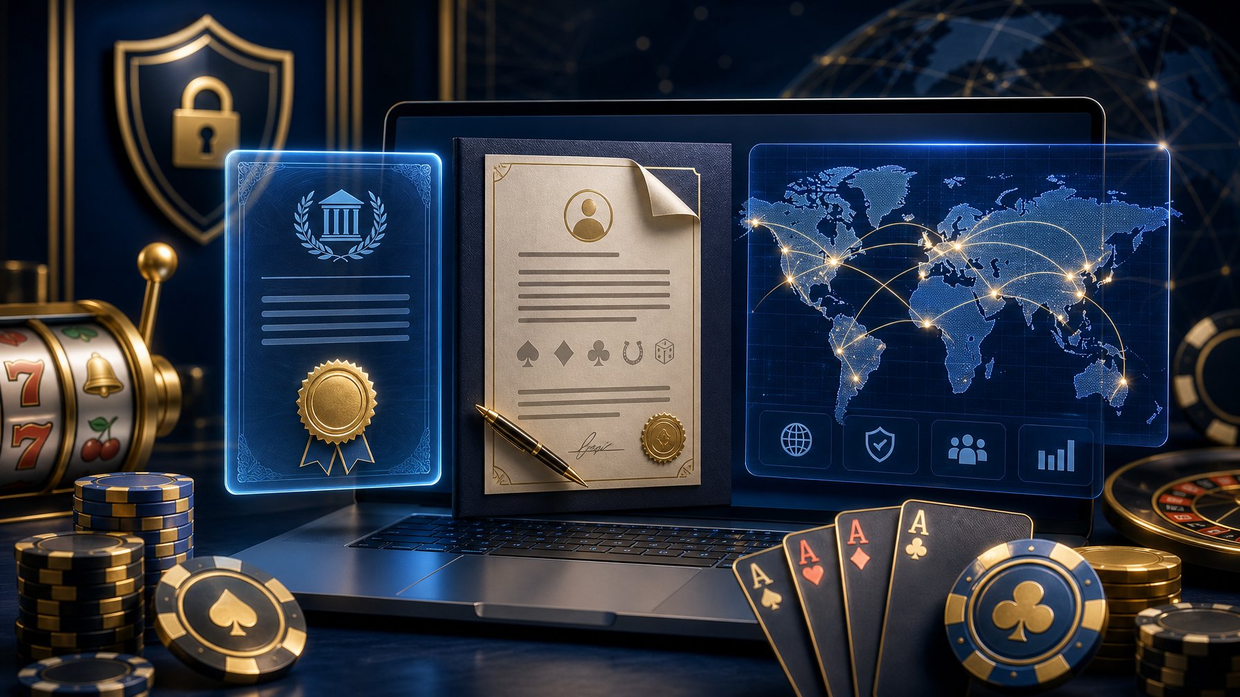 A Digital Interface Showing A Licensing Certificate, Ownership Documents, And A Global Map With Connection Lines, Surrounded By Casino Elements Like Poker Chips And Slot Reels.