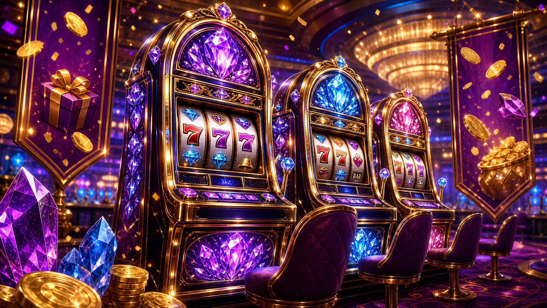 A Brightly Lit Casino Area With Sparkling Slot Machines Decorated With Crystals, Surrounded By Glowing Coins And Festive Confetti.