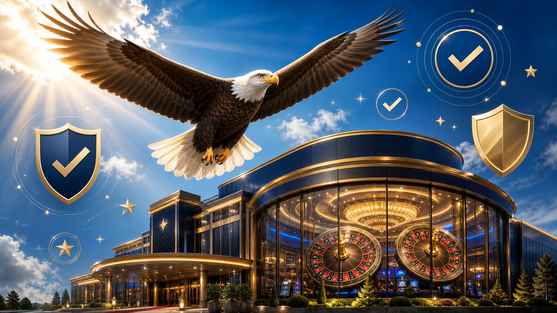 An Eagle Flying Above A Modern Casino Building With Glowing Lights And Roulette Wheels, Surrounded By Icons Representing Trust And Reliability.