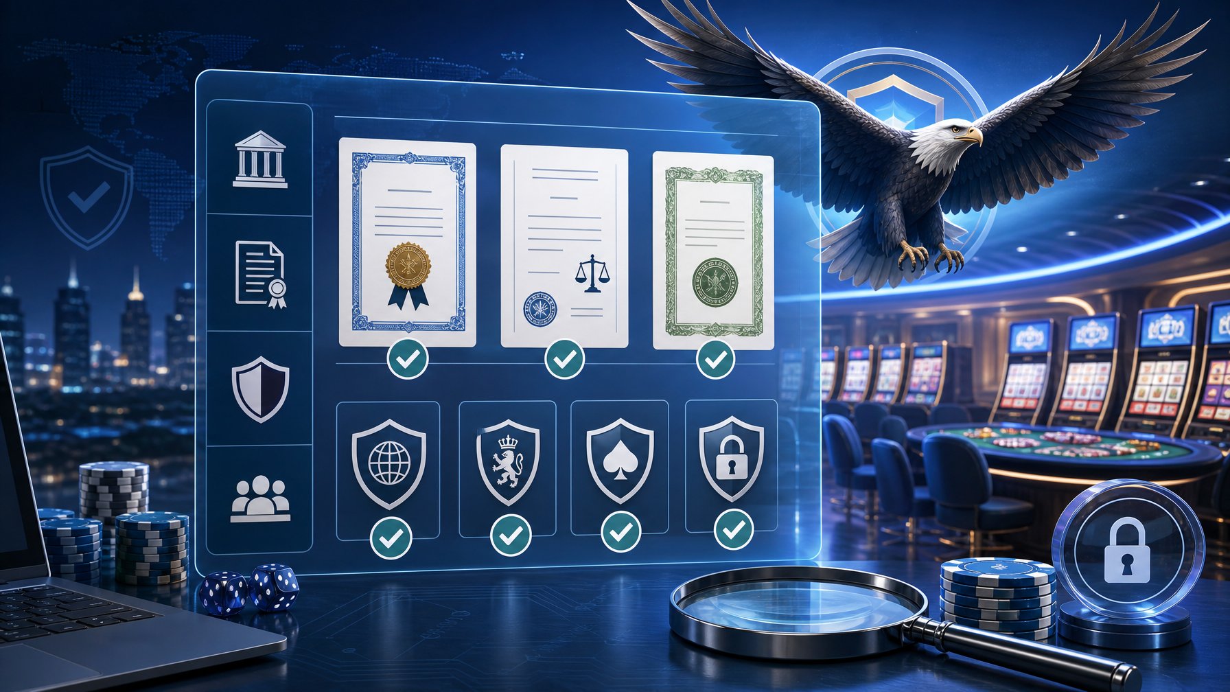 A Digital Dashboard Showing Licensing And Regulation Icons With An Eagle Flying Above A Modern Casino Scene.
