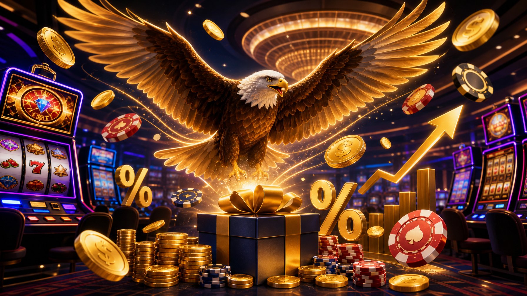 A Casino Interior With Slot Machines, A Soaring Eagle Above, And Floating Coins And Chips Representing Bonuses And Wagering.