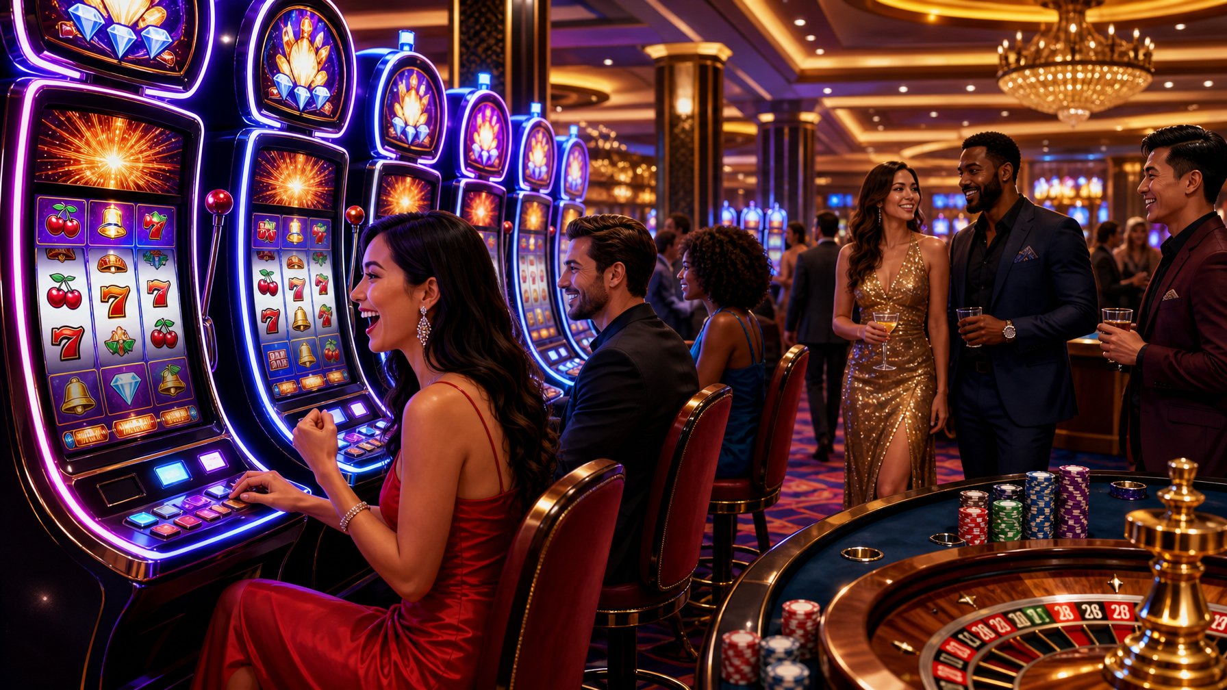 A Casino Floor With Colorful Slot Machines And People Playing And Enjoying The Games.