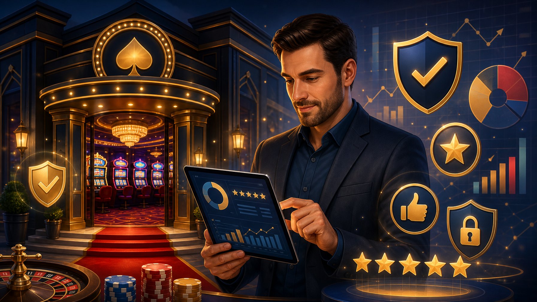 A Person Reviewing Data In Front Of A Casino Entrance With Slot Machines And Trust Icons Floating Around.