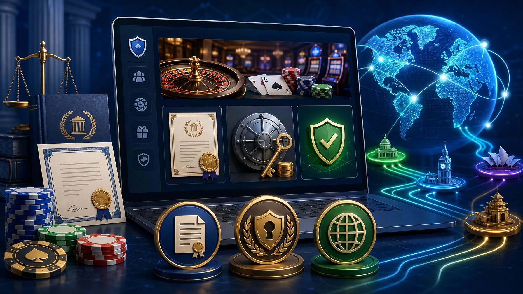 A Digital Dashboard Showing Symbols Of Licensing, Ownership, And Global Market Access Related To An Online Casino Platform.