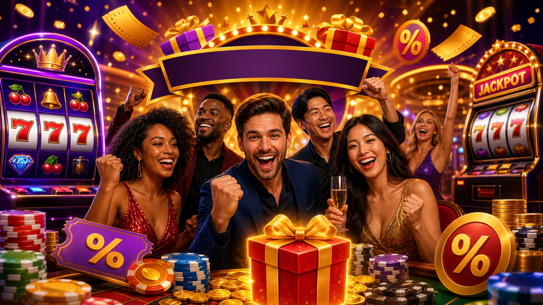 A Lively Casino Scene With Slot Machines, Players Celebrating Wins, And Symbols Representing Promotions And Bonuses.
