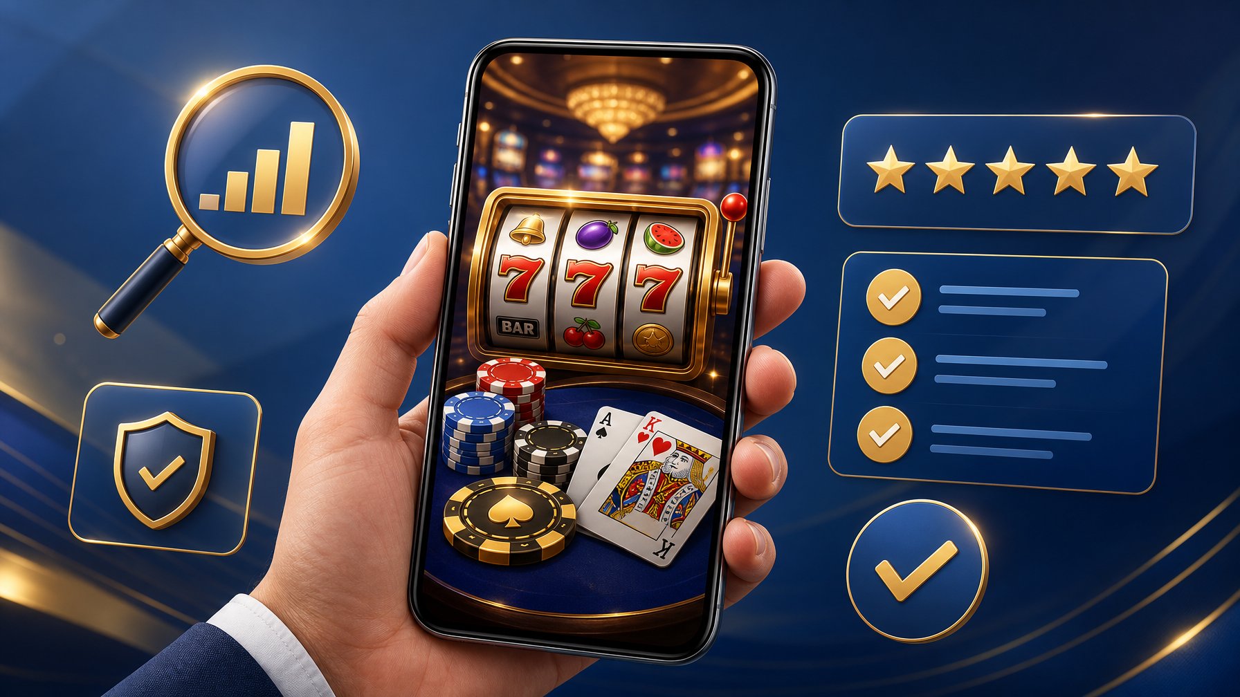 A Hand Holding A Smartphone Showing A Colorful Casino Game Screen With Slot Reels, Poker Chips, And Playing Cards, Surrounded By Icons Representing Review And Evaluation.