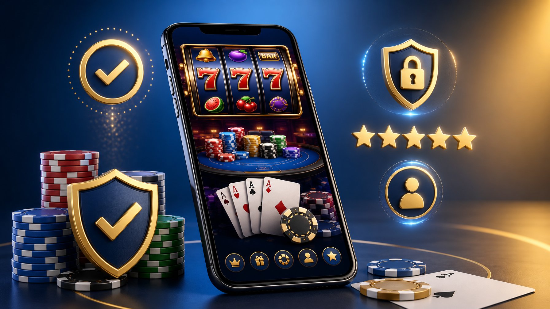 A Smartphone Showing A Colorful Casino Game Screen Surrounded By Icons Representing Trust And Positive Feedback.