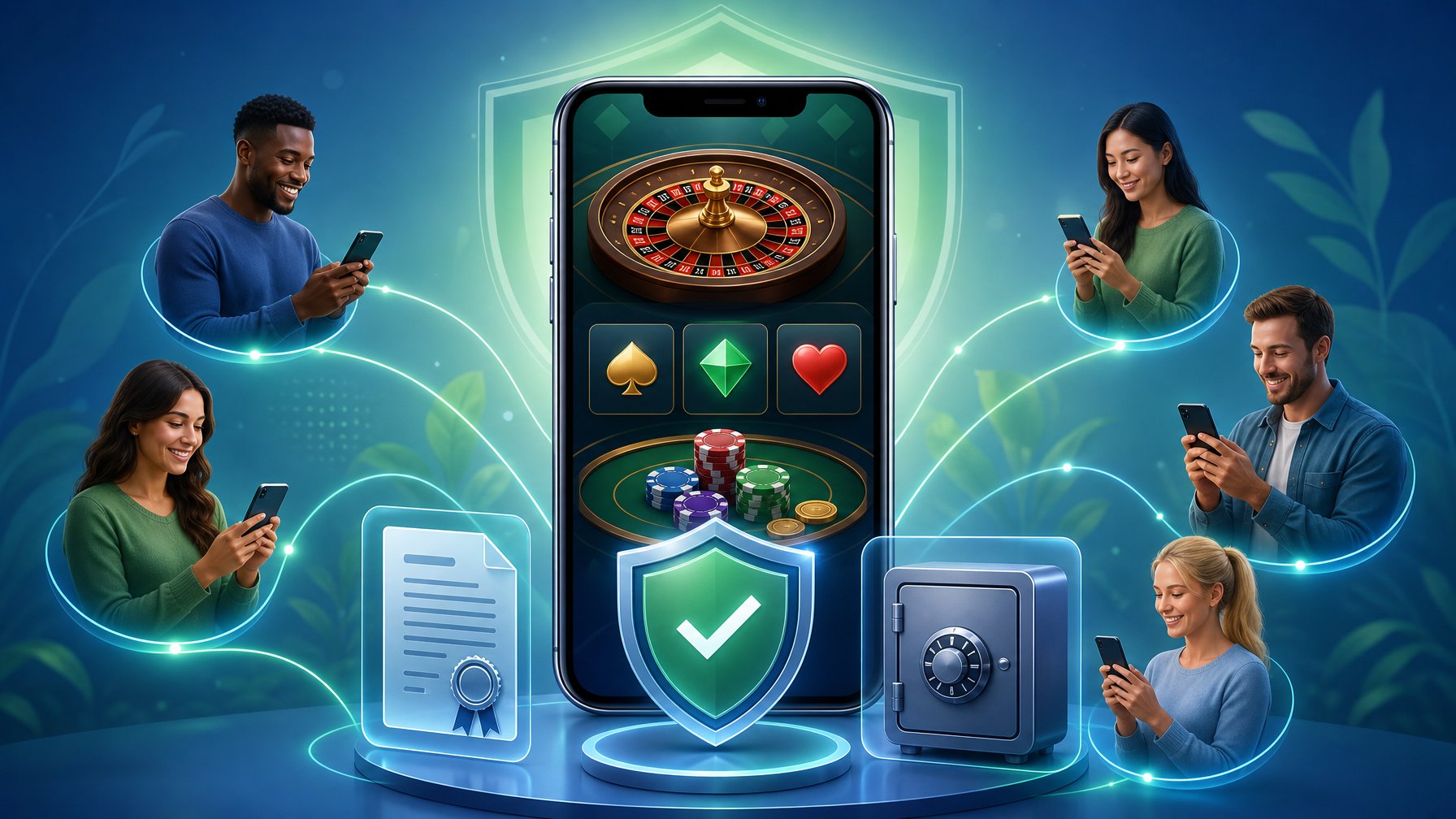 A Smartphone Showing A Casino Interface Surrounded By Diverse Players Connected By Glowing Lines, With Icons Representing Security, Licensing, And Safety.