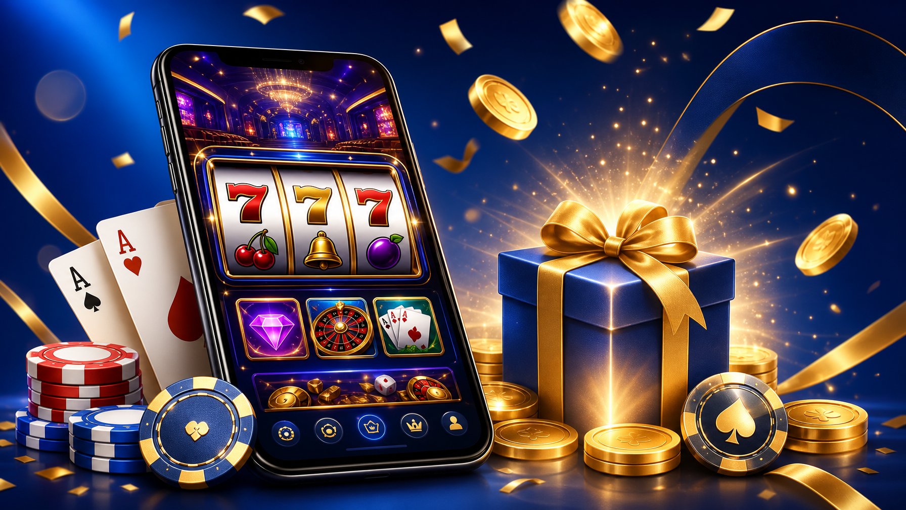 A Smartphone Displaying A Colorful Casino App Surrounded By Poker Chips, Playing Cards, Coins, And A Glowing Gift Box Symbolizing A Welcome Offer And Promotion.