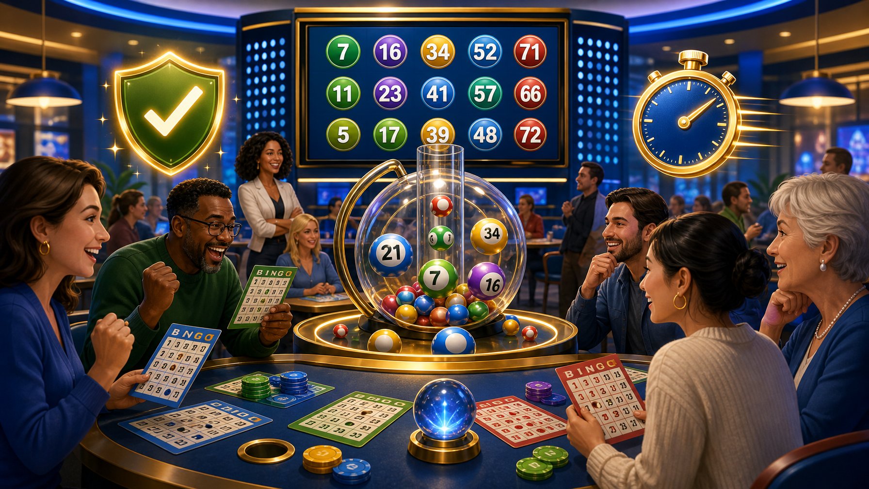 A Lively Bingo Casino Scene With Players Holding Bingo Cards And Spinning Bingo Balls, Featuring Icons Symbolizing Trust And Quick Decisions.