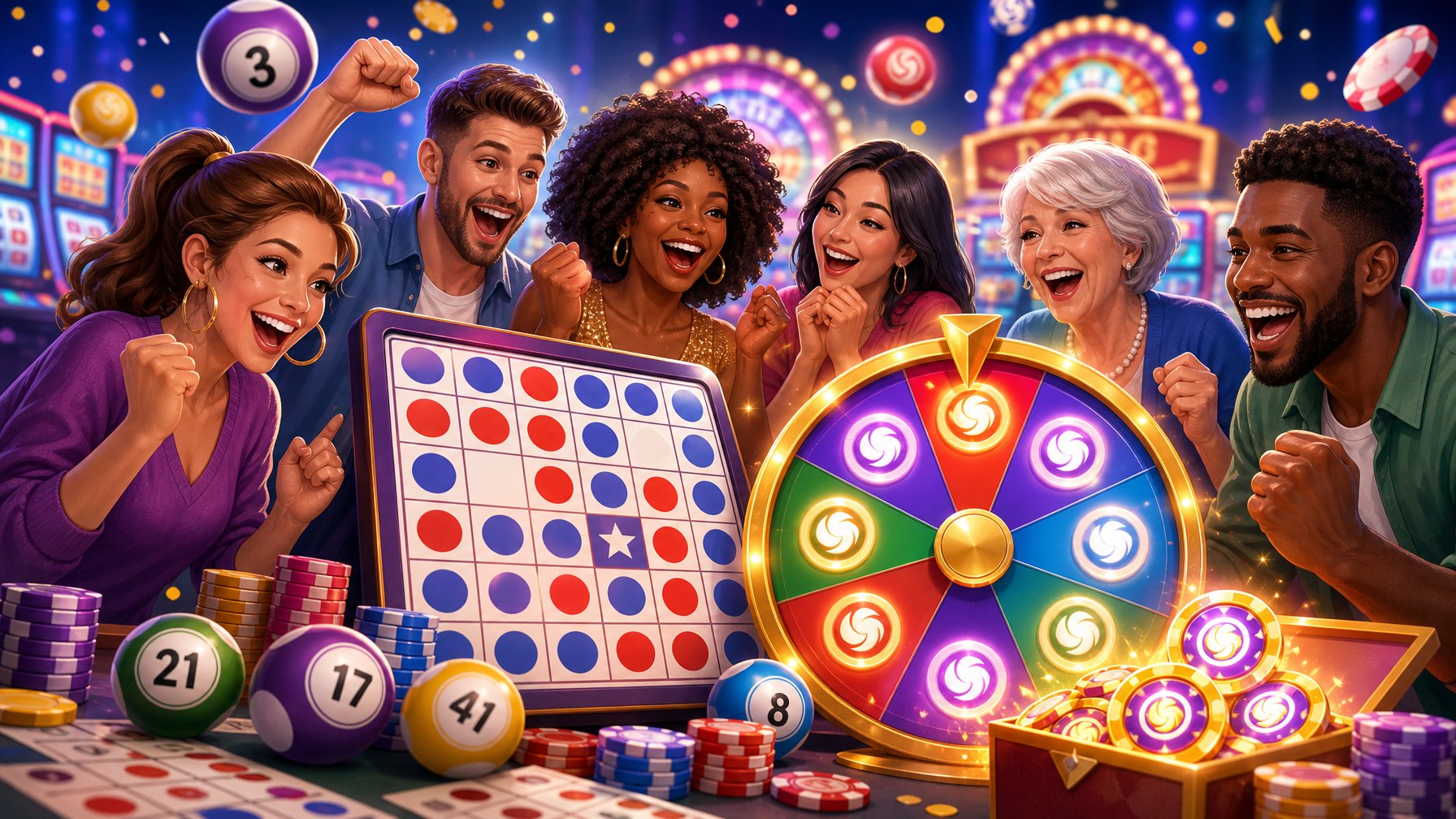 A Group Of People Enjoying A Bingo Game With A Spinning Wheel And Bingo Cards Surrounded By Casino Elements Like Chips And Balls.