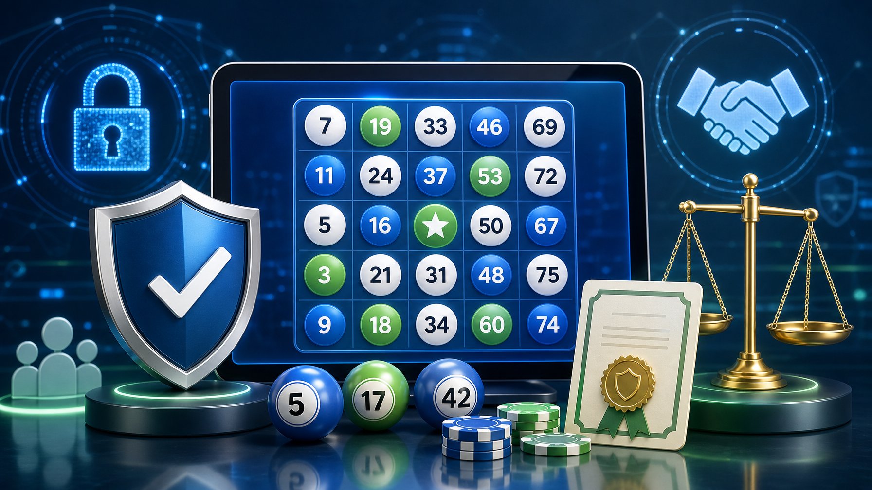 A Secure Digital Bingo Game Screen Surrounded By Symbols Of Safety, Licensing, And Fair Play Such As A Shield, Balanced Scales, And A Certificate.
