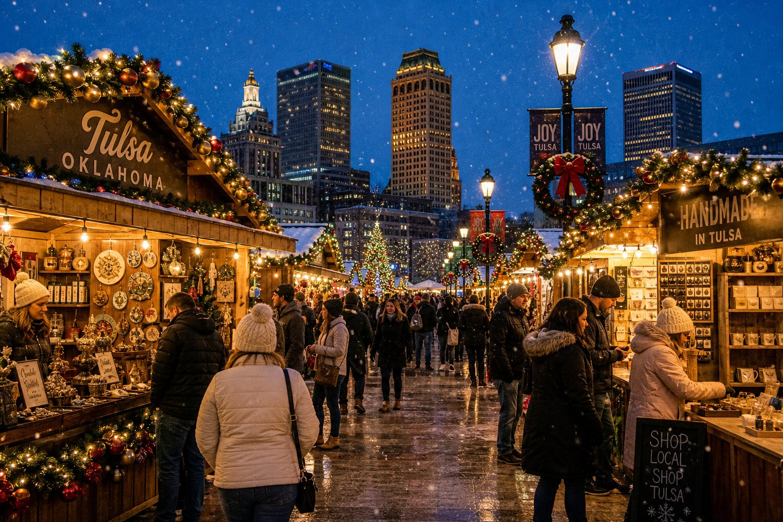 People shopping and enjoying a festive holiday market with decorated stalls and lights in Tulsa during winter.