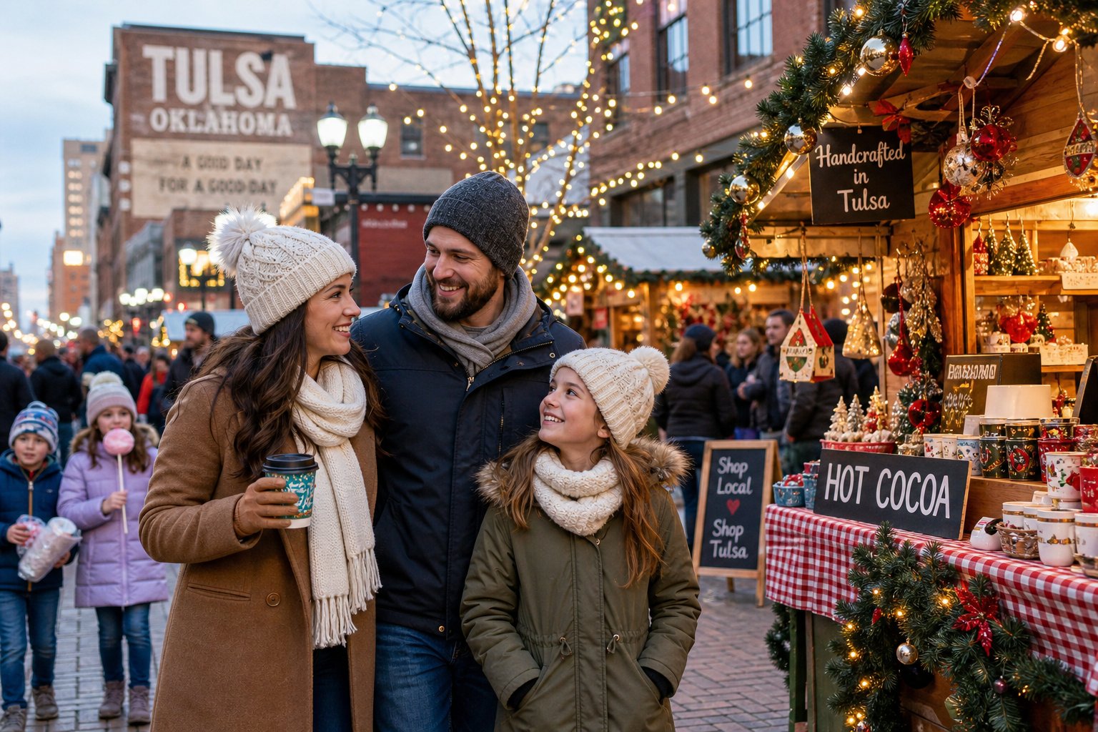 A family of three browsing festive holiday market stalls outdoors with colorful decorations and other visitors around.