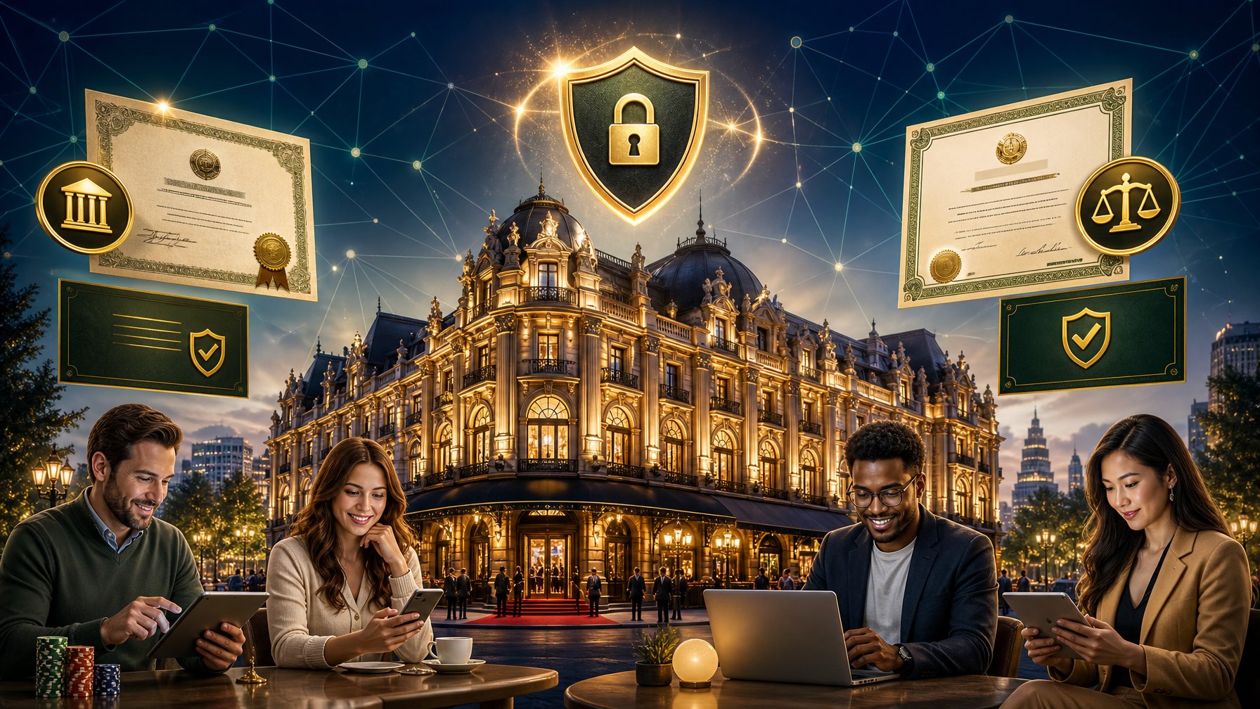 An Elegant Casino Building With Certificates And A Shield Symbolizing Licensing And Trust, Surrounded By People Using Digital Devices.