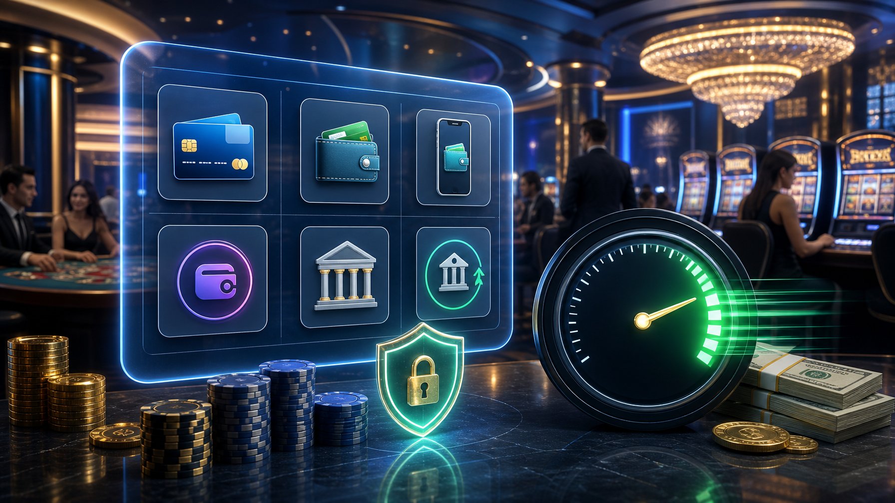 A Modern Casino Scene Showing Digital Payment Icons, A Speedometer Gauge Indicating Fast Withdrawal Speeds, And A Luxurious Casino Interior In The Background.