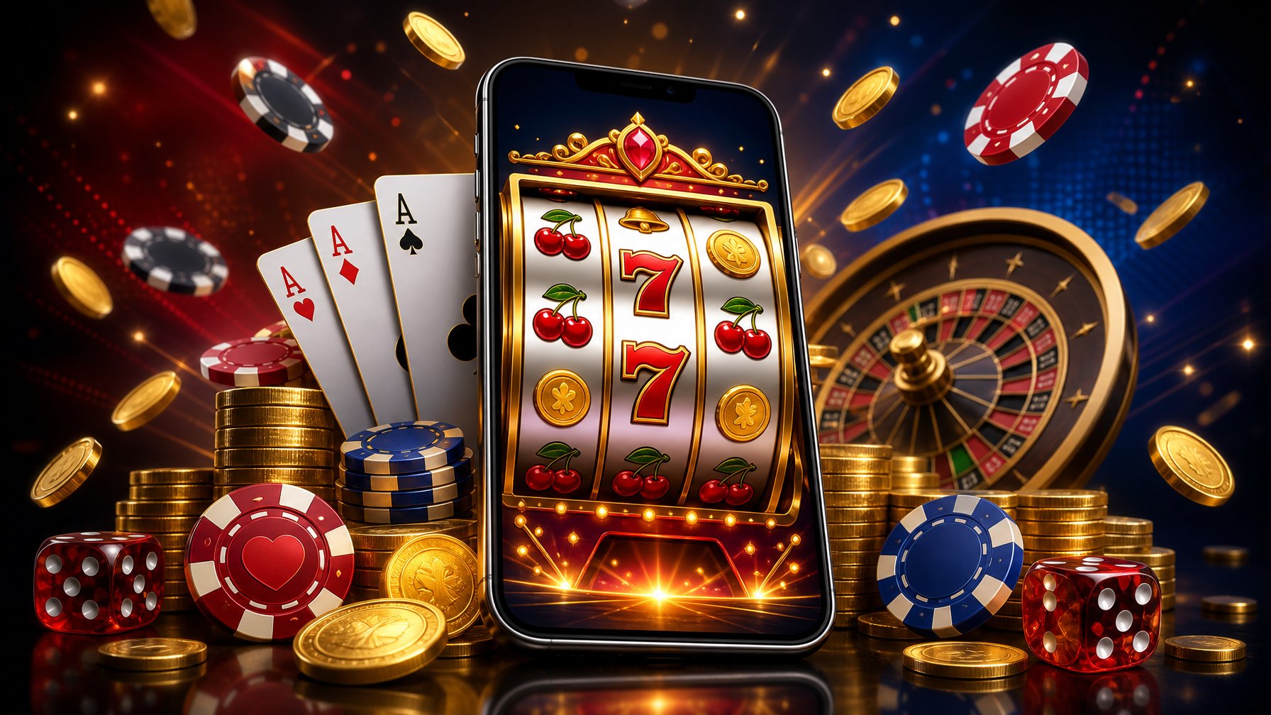 A Smartphone Displaying A Colorful Slot Game Surrounded By Poker Chips, Playing Cards, Dice, And Coins.