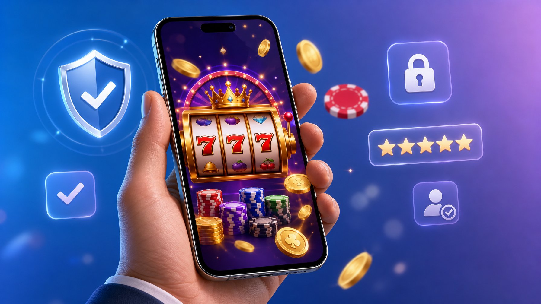 A Hand Holding A Smartphone Displaying A Vibrant Mobile Casino Game With Slot Reels And Chips, Surrounded By Icons Representing Trust And Security.