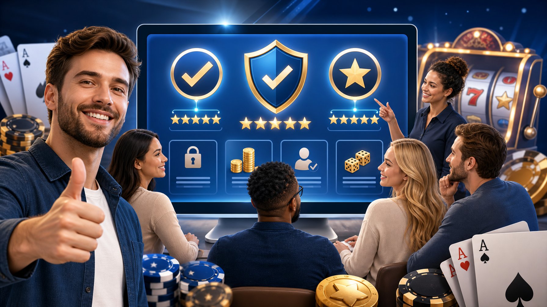 A Group Of People Gathered Around A Digital Screen Showing Trust Symbols And Casino Elements, With One Person Giving A ThumbsUp.