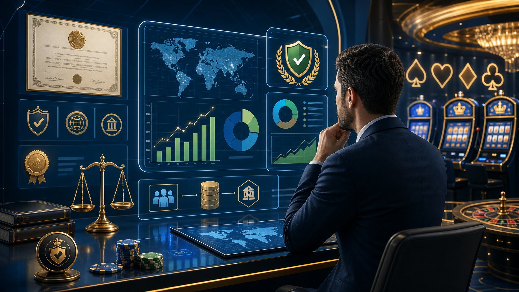 A Businessperson Reviewing Digital Charts And Certificates Related To Casino Licensing And Market Access, With Abstract Casino Elements In The Background.
