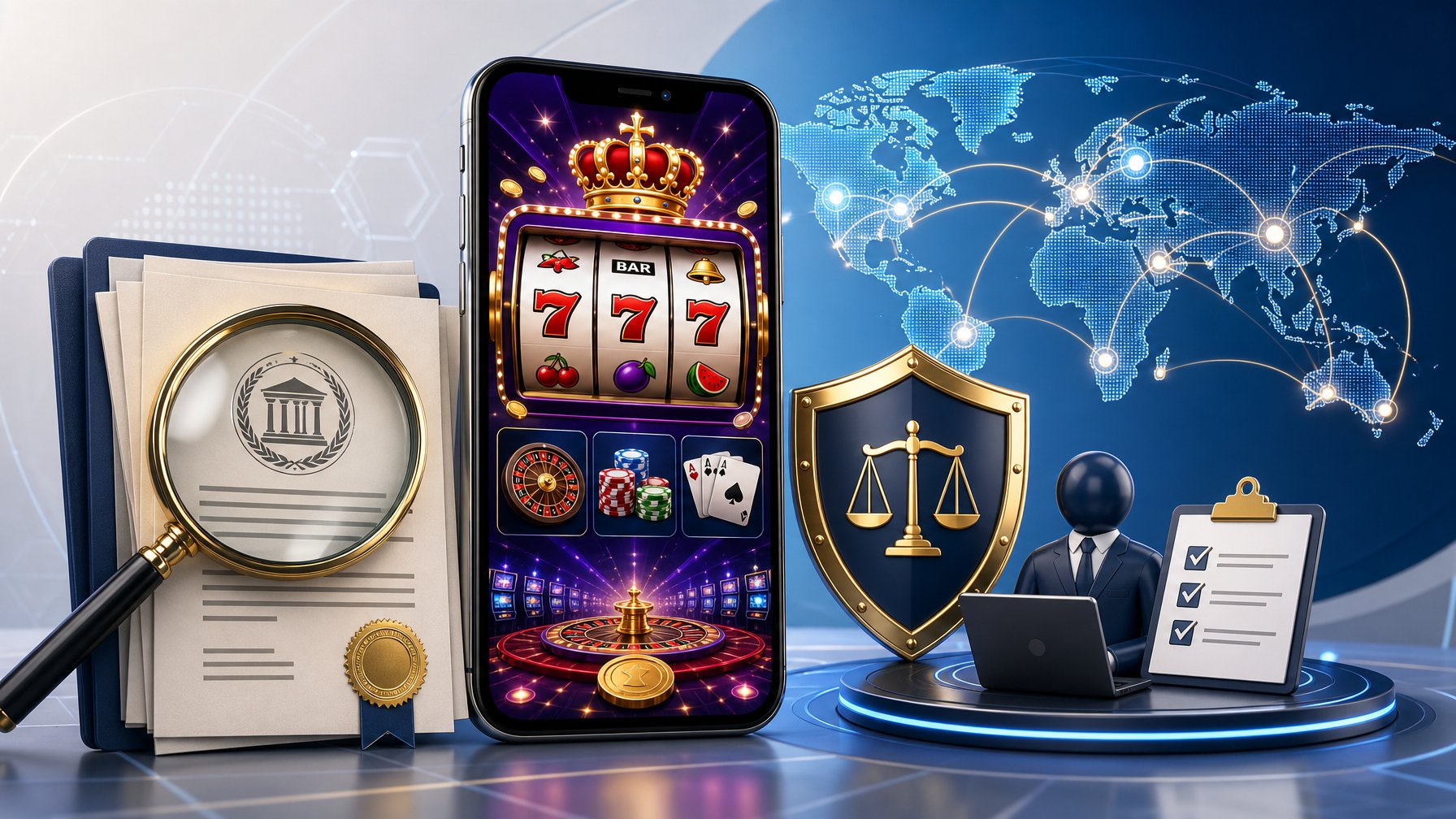 A Smartphone Showing A Casino Game Screen Surrounded By Symbols Of Security, Regulation, And Digital Connectivity.