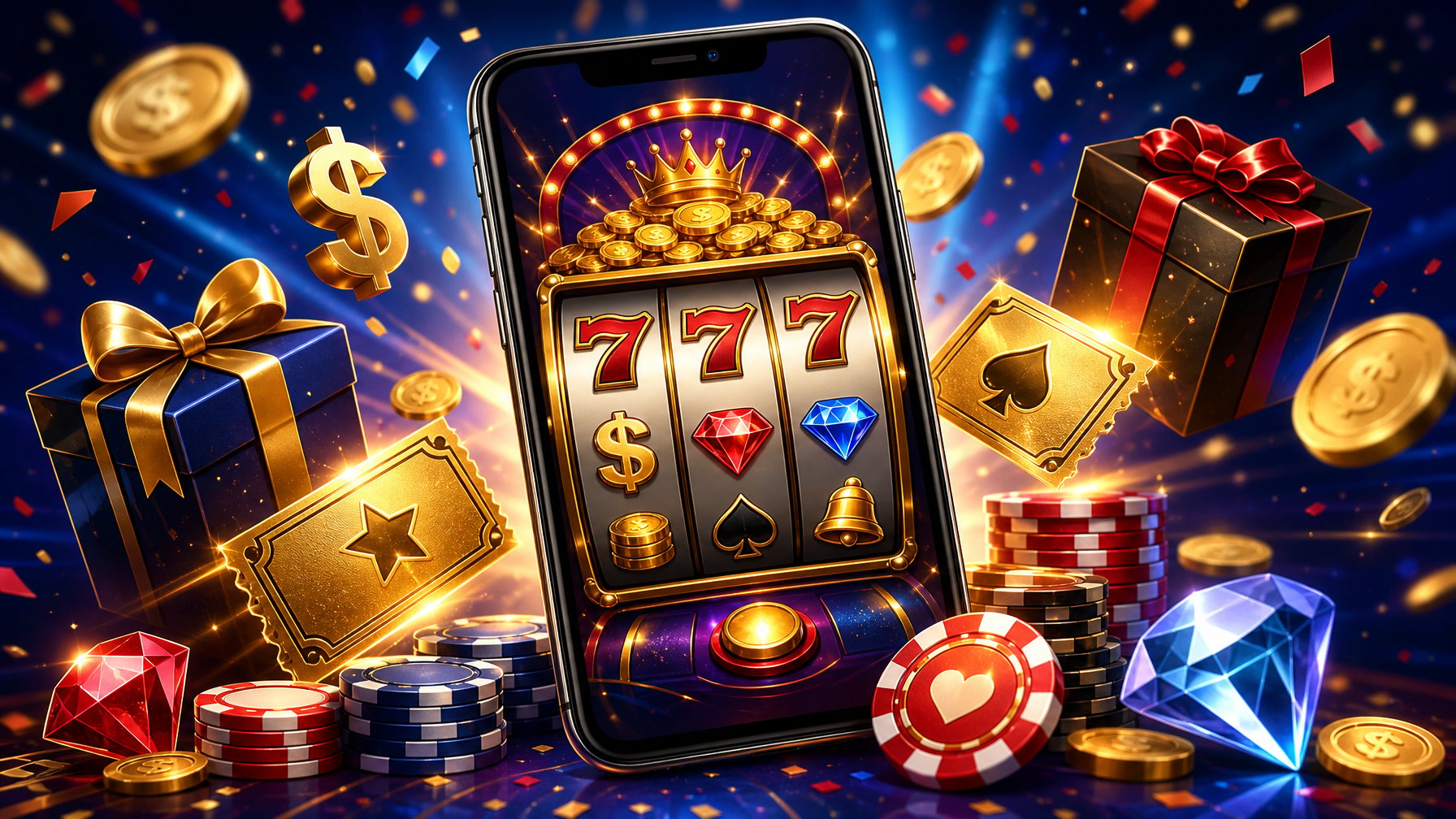 A Smartphone Showing A Casino Game With Jackpot Symbols, Surrounded By Gold Coins, Chips, And Gift Boxes Representing Casino Bonuses And Promotions.