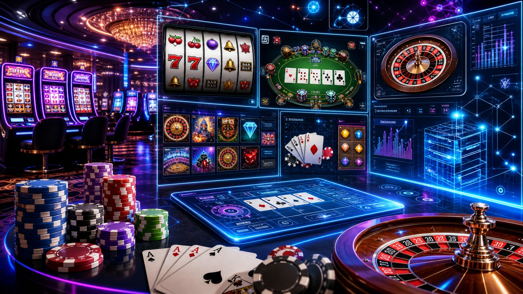 A Modern Casino Interior With Glowing Slot Machines, Digital Gaming Screens, Poker Chips, And Playing Cards Under Bright Neon Lighting.