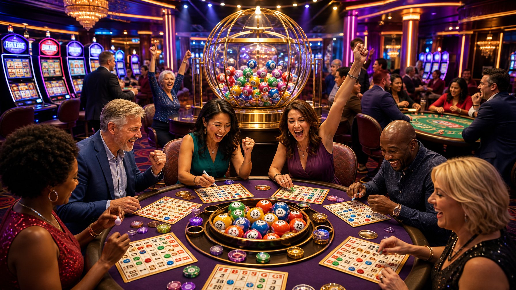 A Lively Casino Scene Showing Diverse People Playing Bingo With Colorful Bingo Cards And Balls, Surrounded By Slot Machines And Bright Lights.
