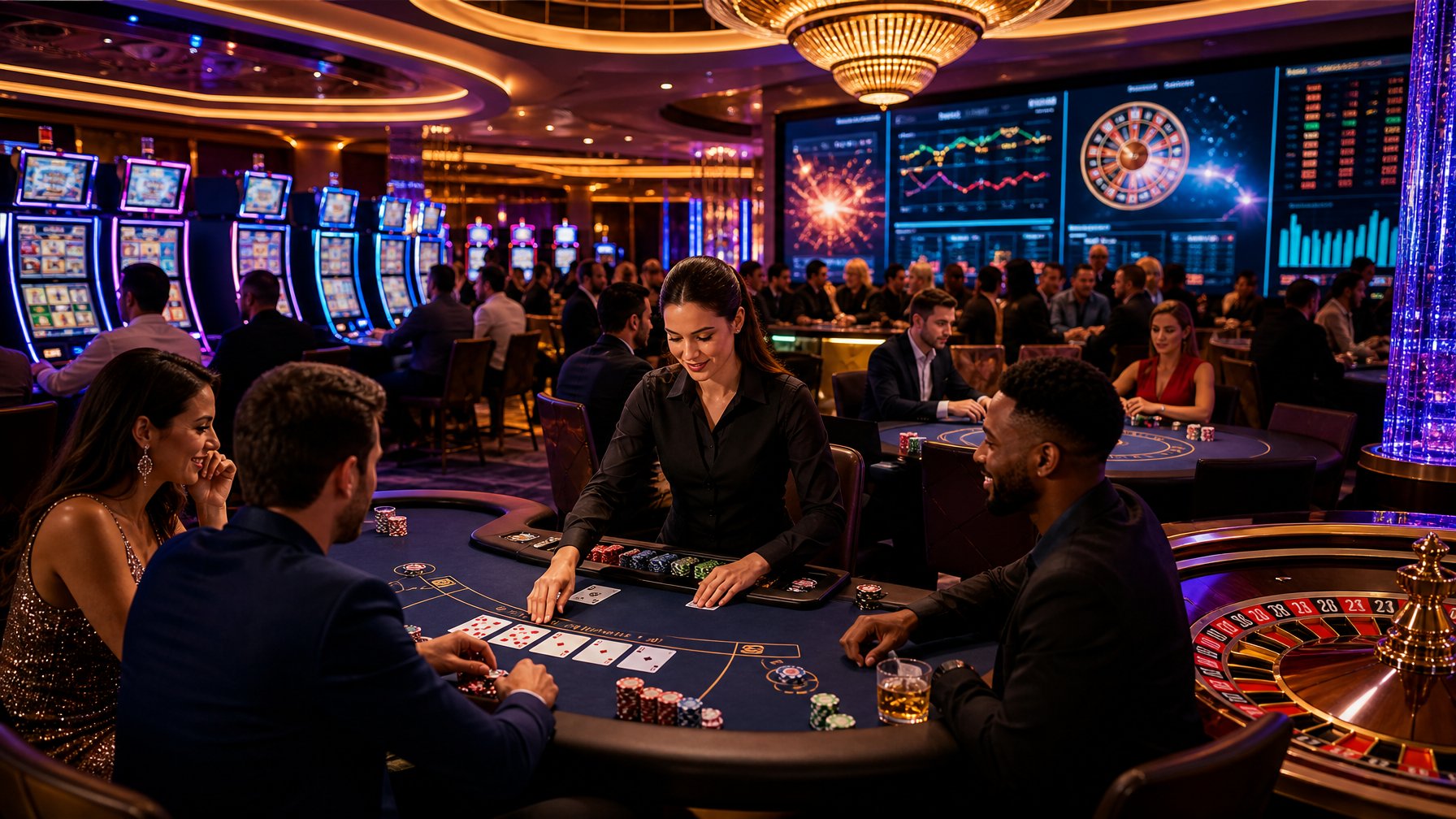 A Lively Casino Floor With Slot Machines, Poker Tables, A Roulette Wheel, And Players Enjoying Games.