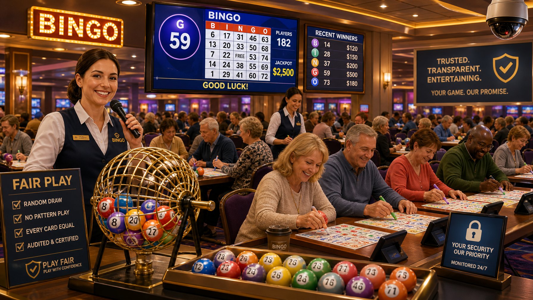 A Lively Bingo Hall With Players Marking Cards, A Spinning Bingo Cage, And Casino Staff Assisting In A WellLit Environment.