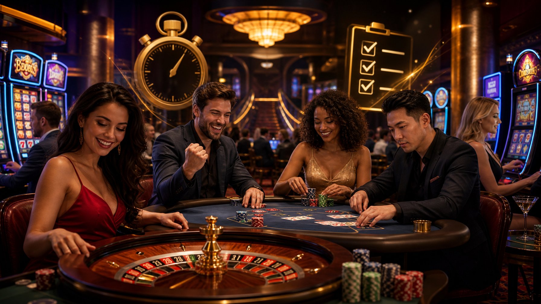 A Diverse Group Of Players Engaged In Casino Games Inside A Modern Casino With Slot Machines And Poker Tables Visible In The Background.