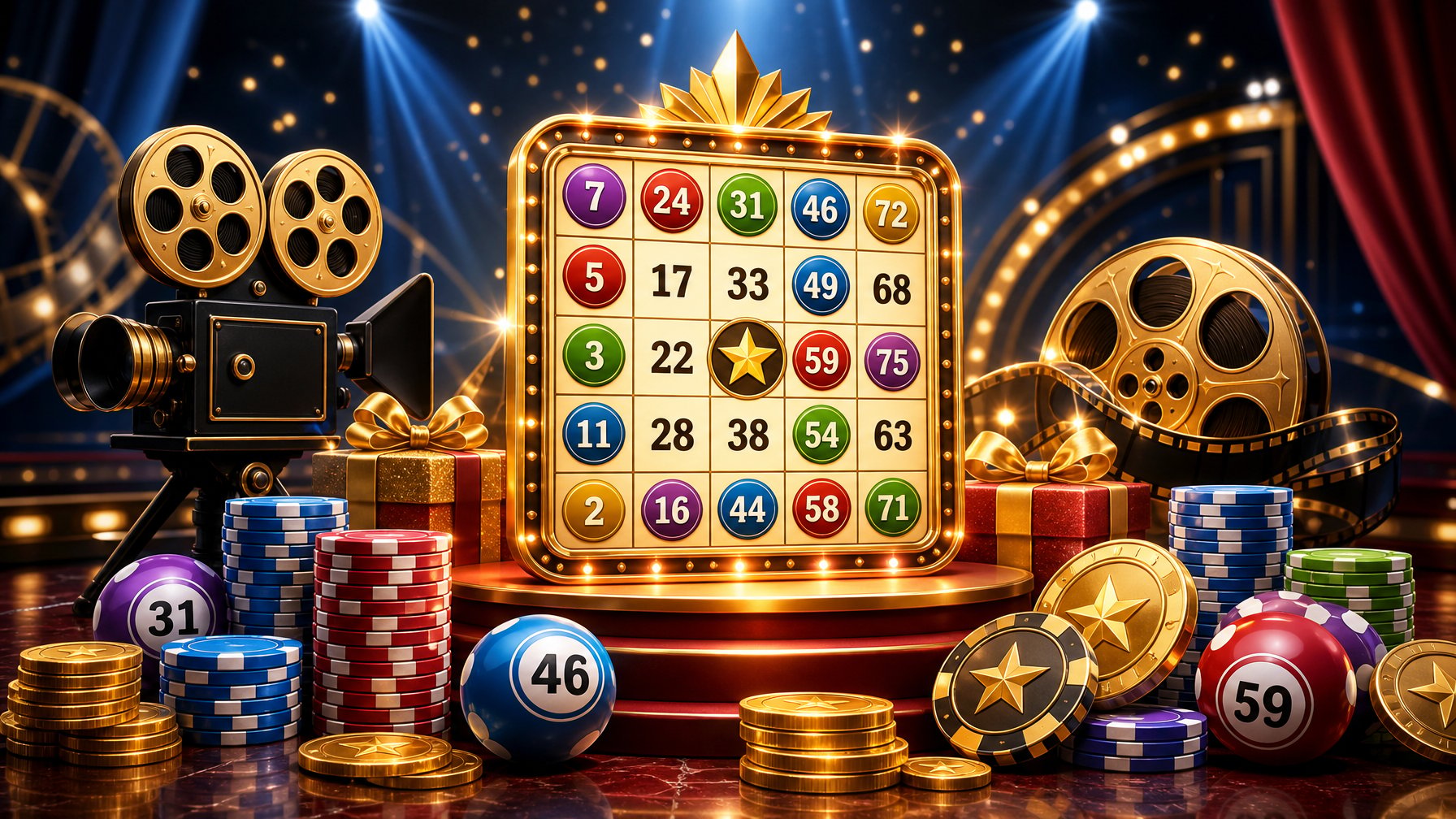 A Casino Scene With A Glowing Bingo Card, Poker Chips, Coins, And Film Reels Symbolizing A Casino Welcome Offer And Bonus.