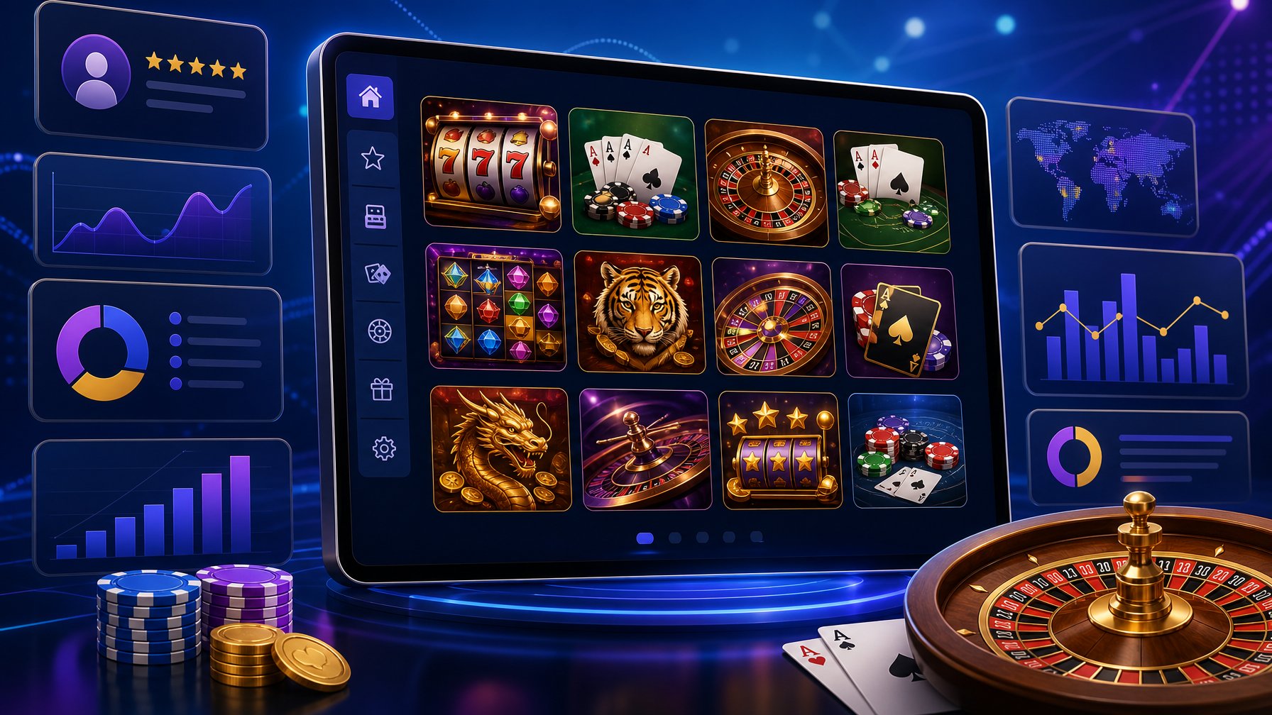 A Digital Device Displaying A Variety Of Casino Game Icons With Graphical Elements Representing Software Features And Analytics Around It.