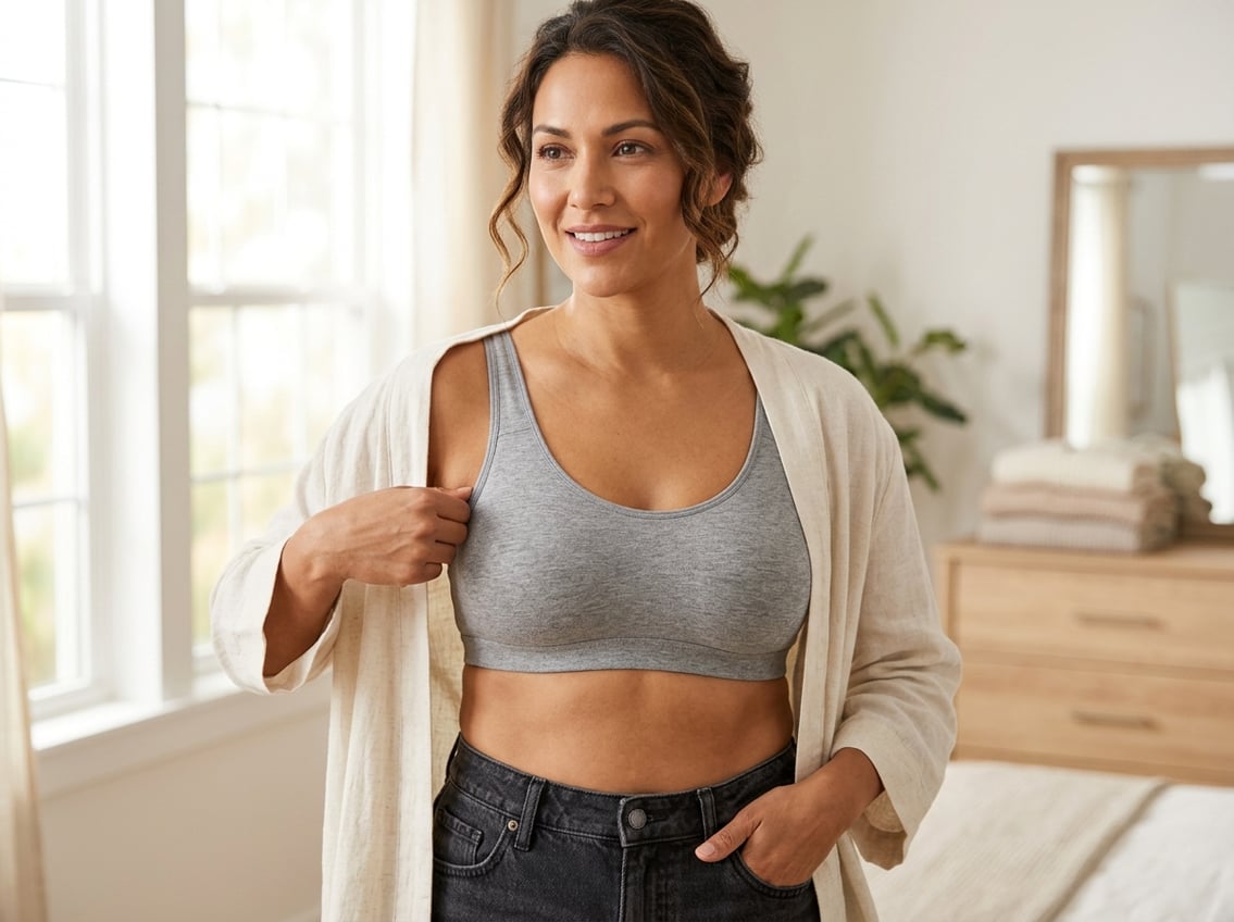 A woman adjusting a wireless bra in a bright bedroom, showing a comfortable and proper fit.