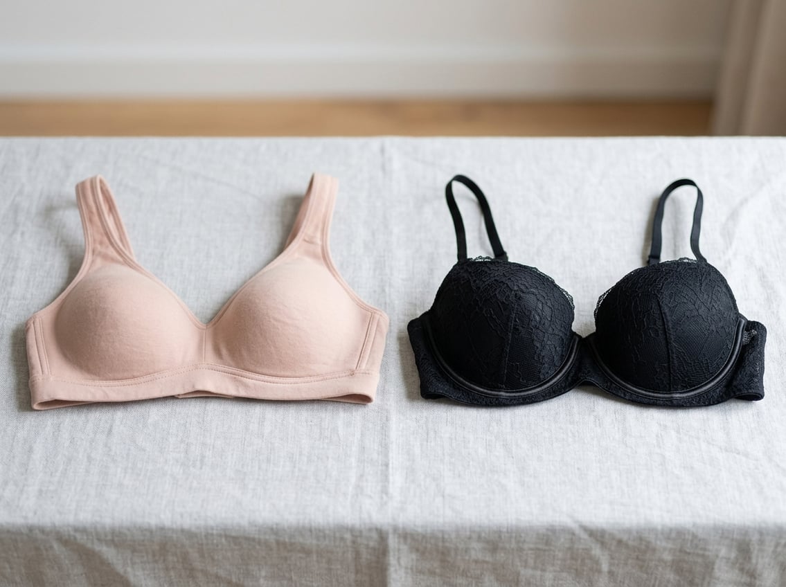 Two bras side by side on a plain surface, one wireless and one with underwire, showing their different designs.