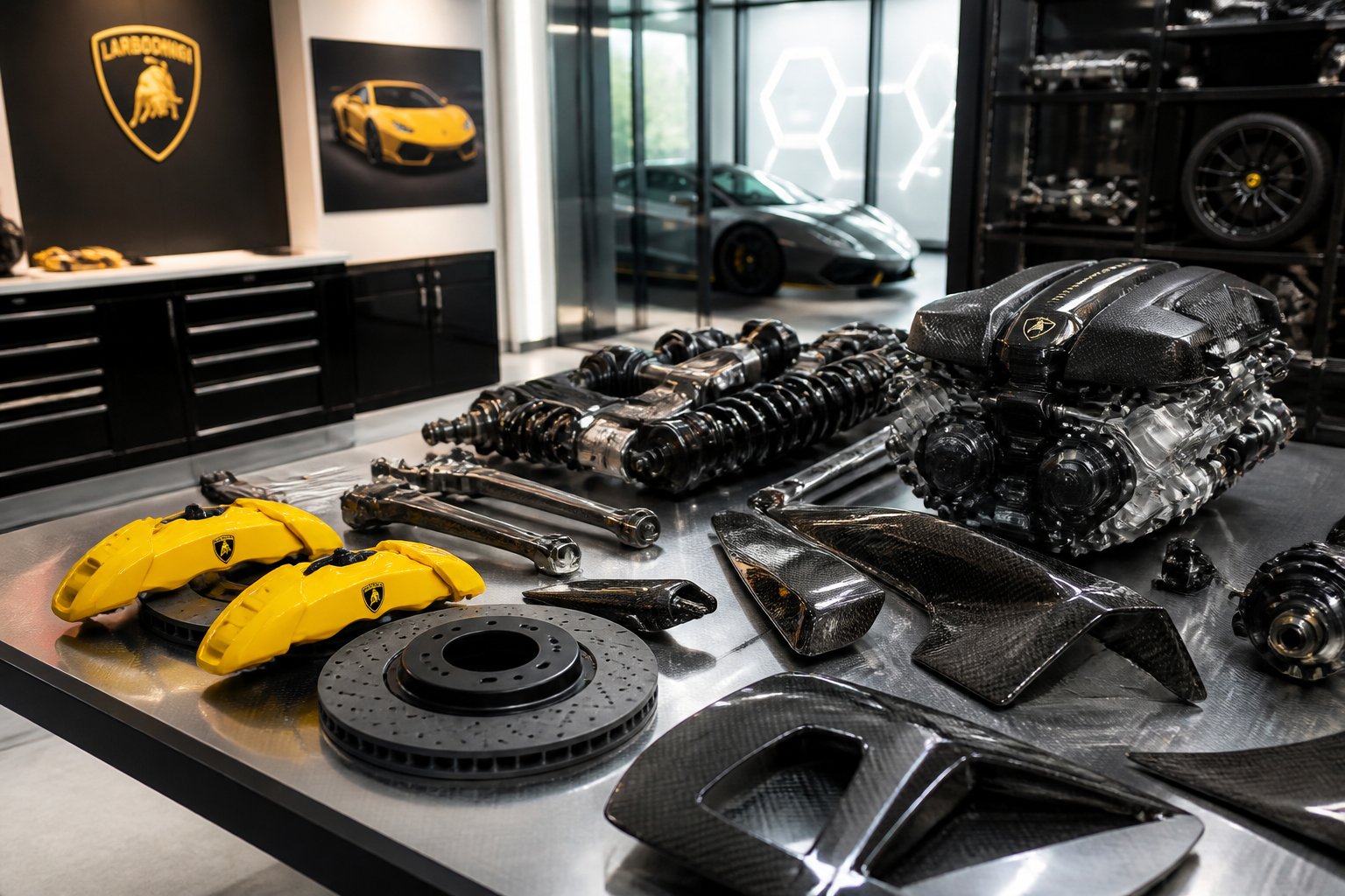 Un espace de travail moderne avec des pièces automobiles authentiques de Lamborghini Huracán soigneusement disposées sur une table propre dans un atelier de luxe.