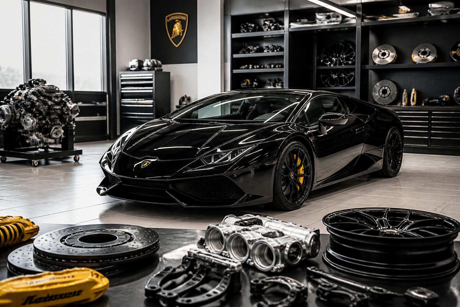 Une Lamborghini Huracán dans un atelier automobile avec des pièces d'origine Lamborghini disposées autour.
