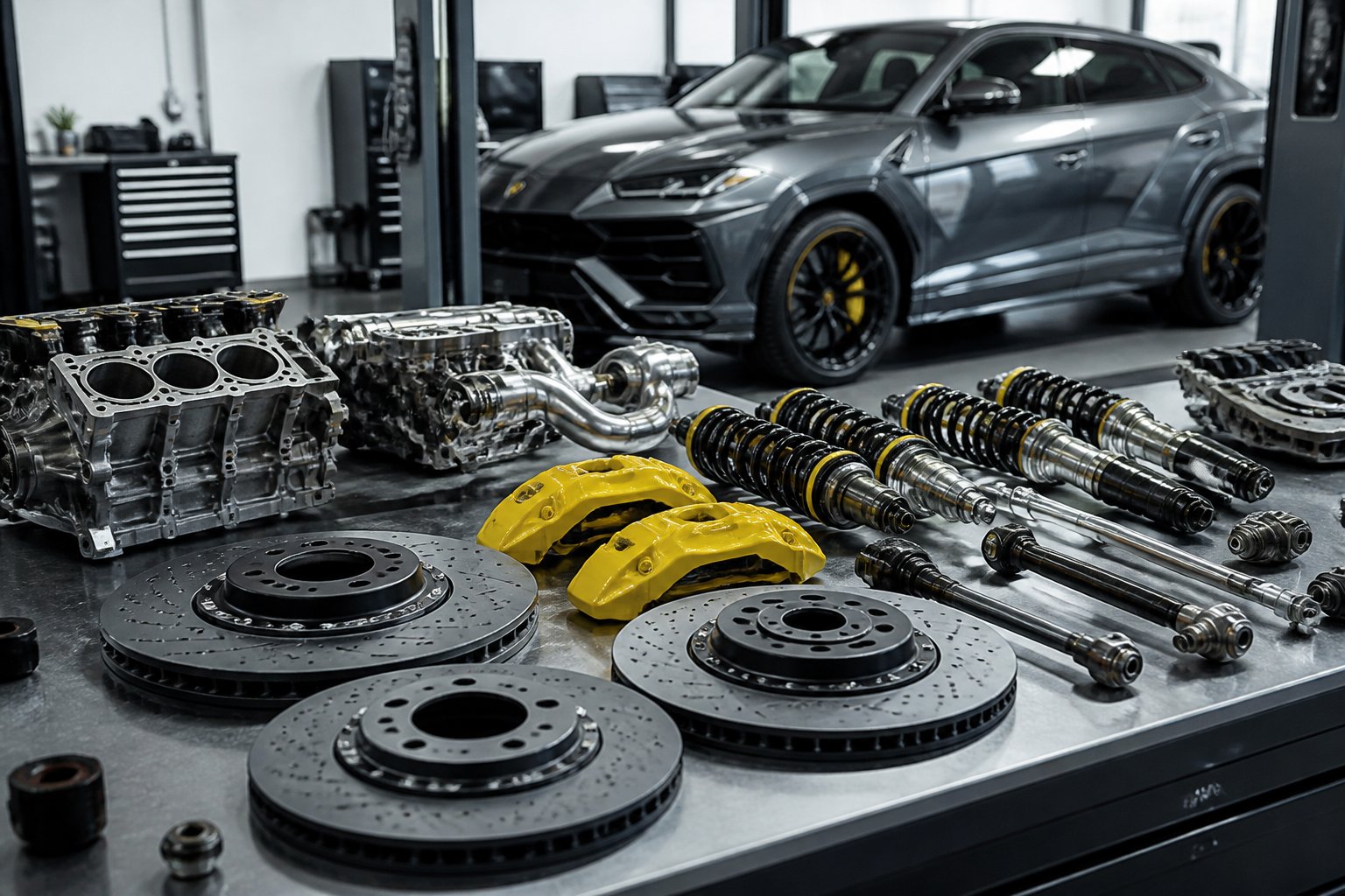 Vue rapprochée de pièces d'origine Lamborghini disposées sur un établi dans un atelier automobile avec une Lamborghini en arrière-plan.
