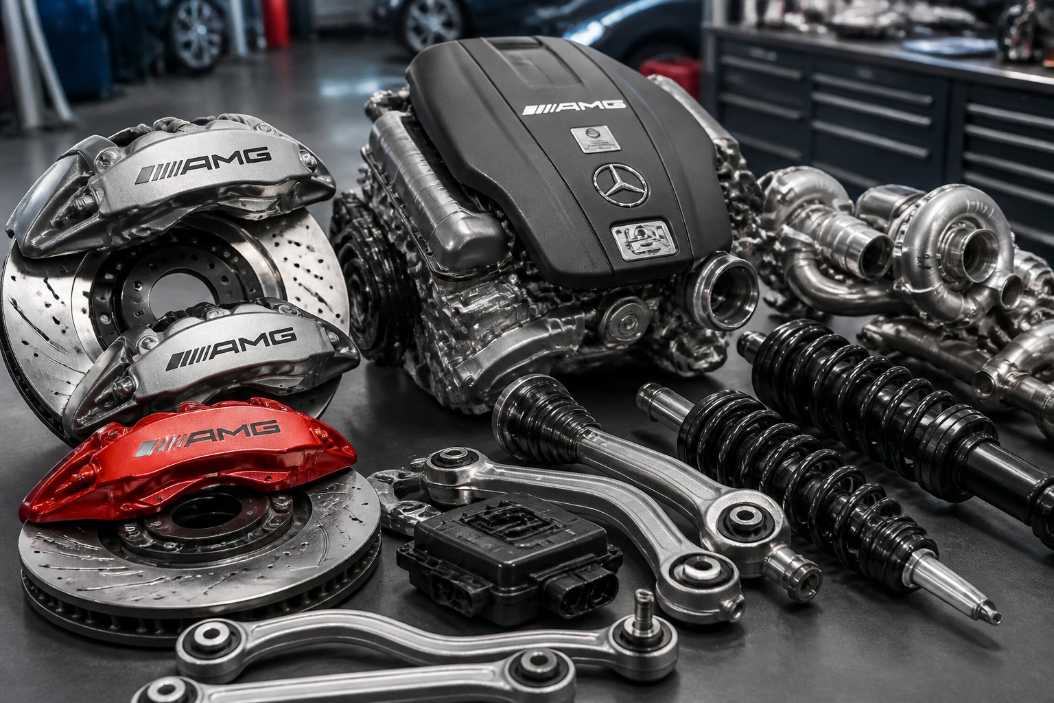 Une collection de pièces de voiture Mercedes AMG disposées sur une surface propre dans un atelier automobile moderne.