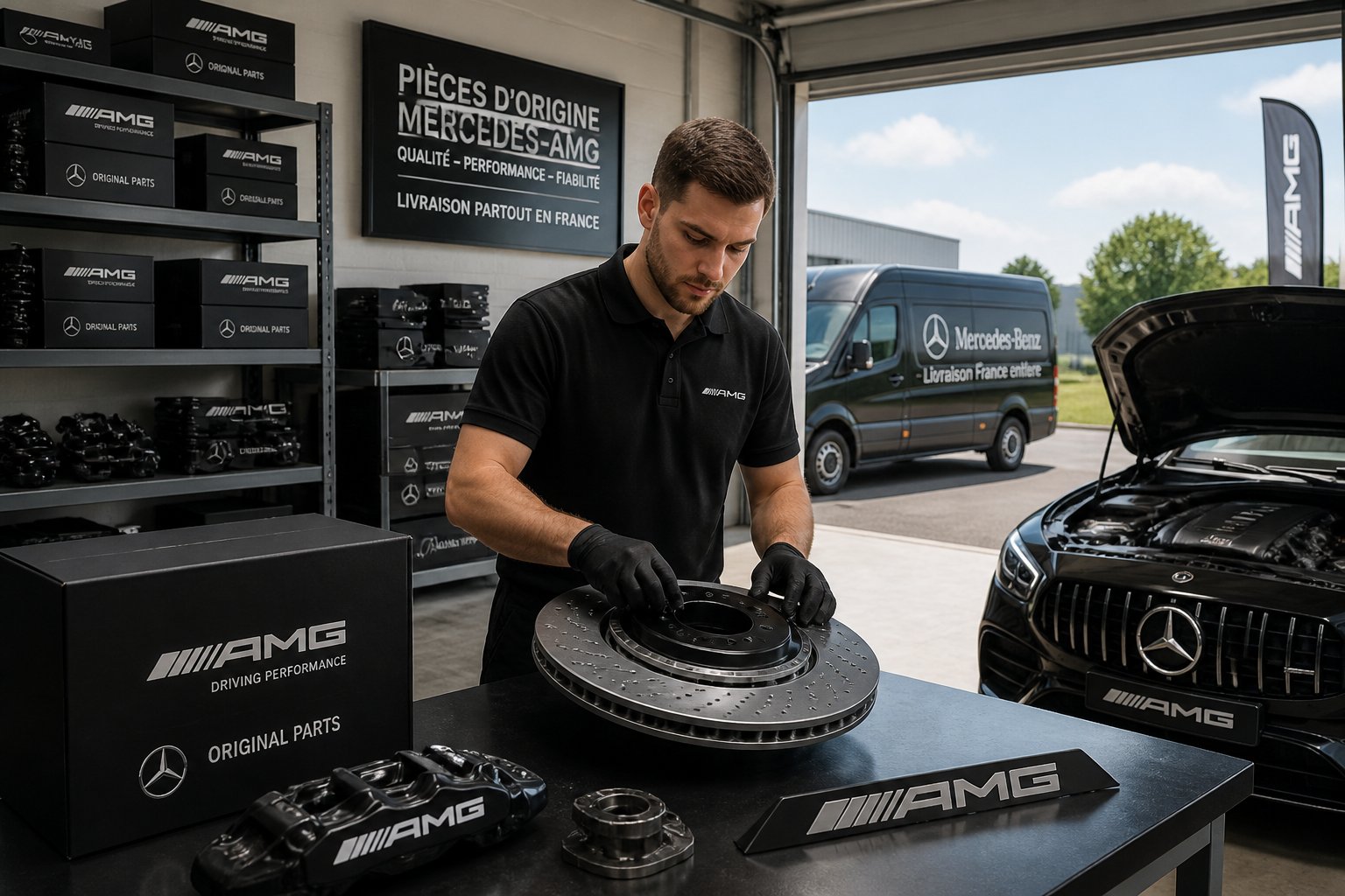 Un technicien installe des pièces Mercedes AMG dans un atelier automobile moderne avec un camion de livraison à l'extérieur.