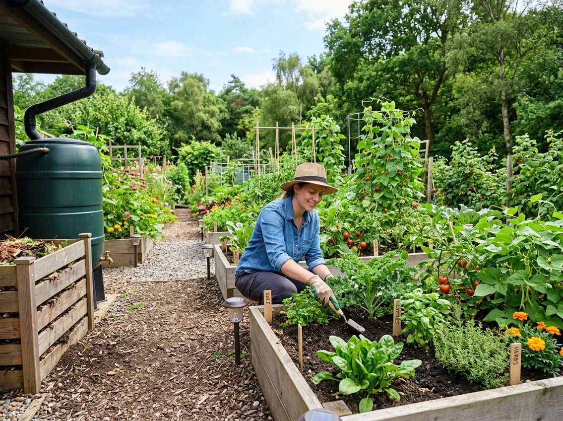 A person tending to plants in a raised garden bed with gardening tools, surrounded by sustainable gardening elements like a compost bin and rainwater barrel.