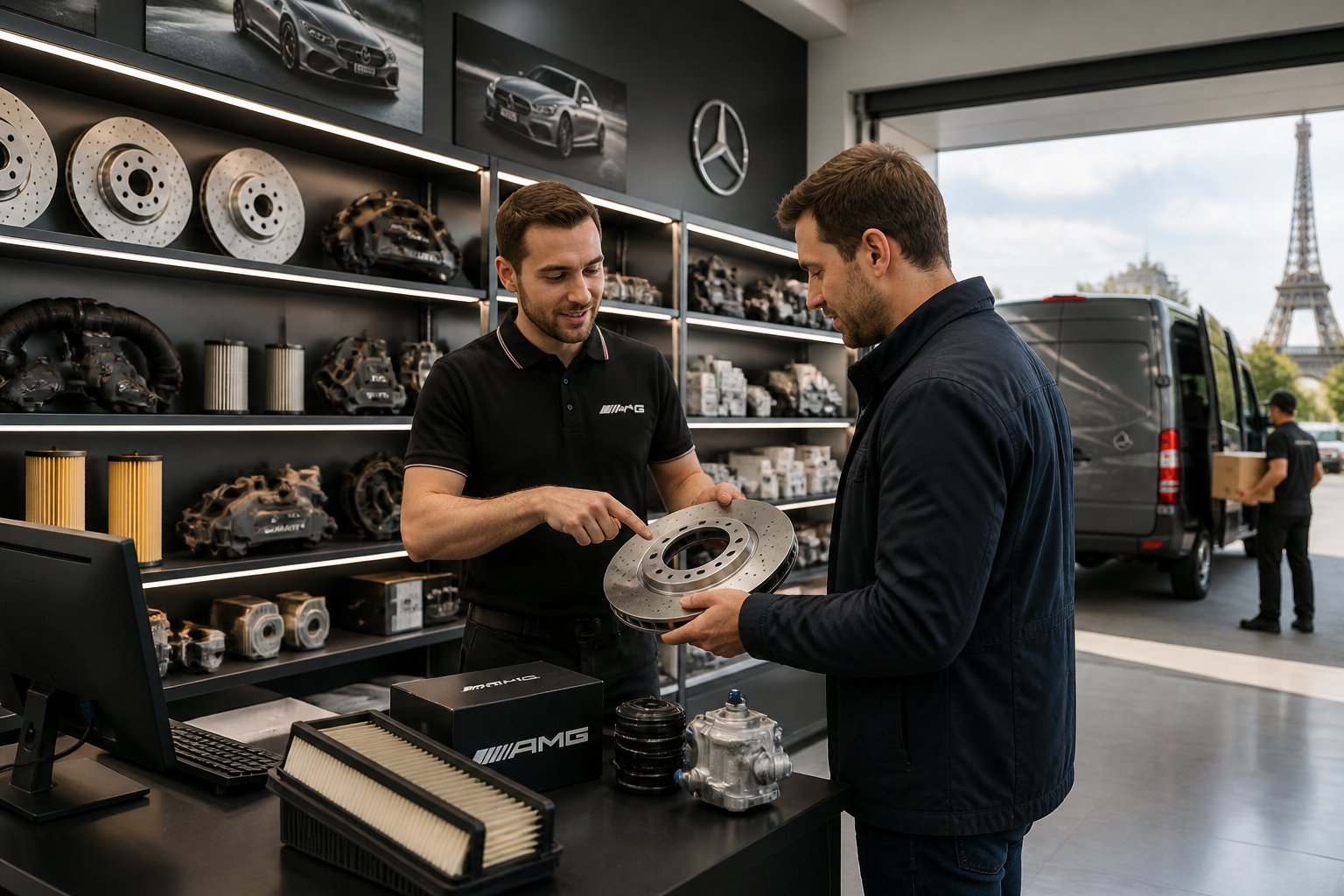 Un magasin de pièces automobiles Mercedes AMG bien organisé avec un employé aidant un client, et une camionnette de livraison en arrière-plan.
