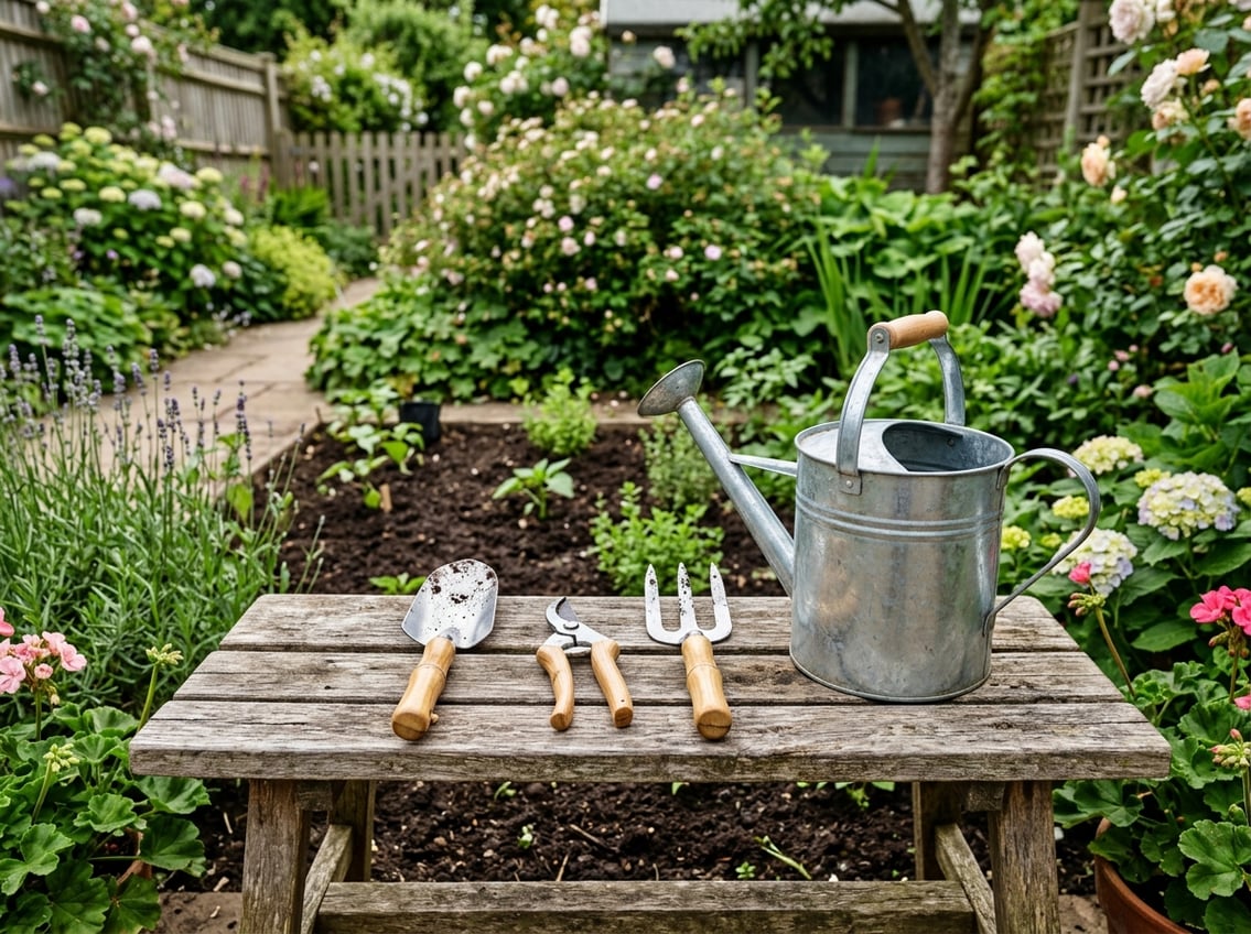 A set of eco-friendly gardening tools on a wooden bench with green plants and a garden in the background.