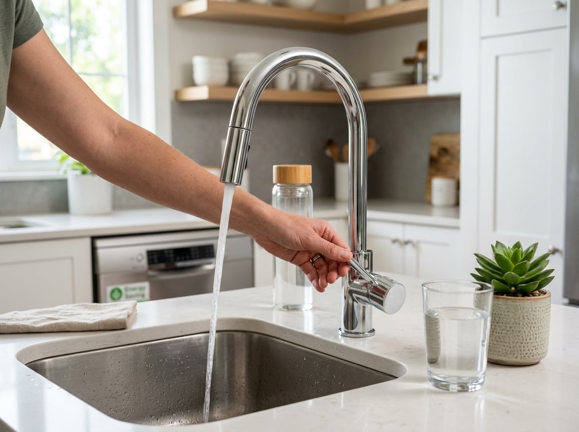 Hands turning off a kitchen faucet with water flowing, next to a glass of water and a small potted plant on a countertop.