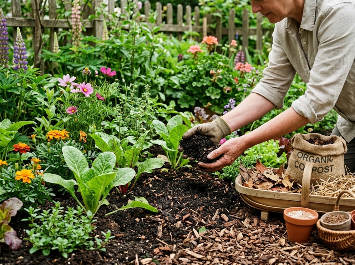 Hands spreading natural compost and mulch around healthy plants in a garden with organic gardening materials nearby.