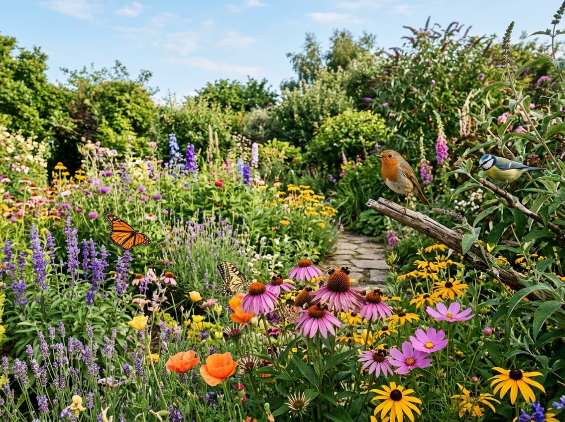 A vibrant garden with colorful flowers, bees, butterflies, and birds among green plants under a clear sky.