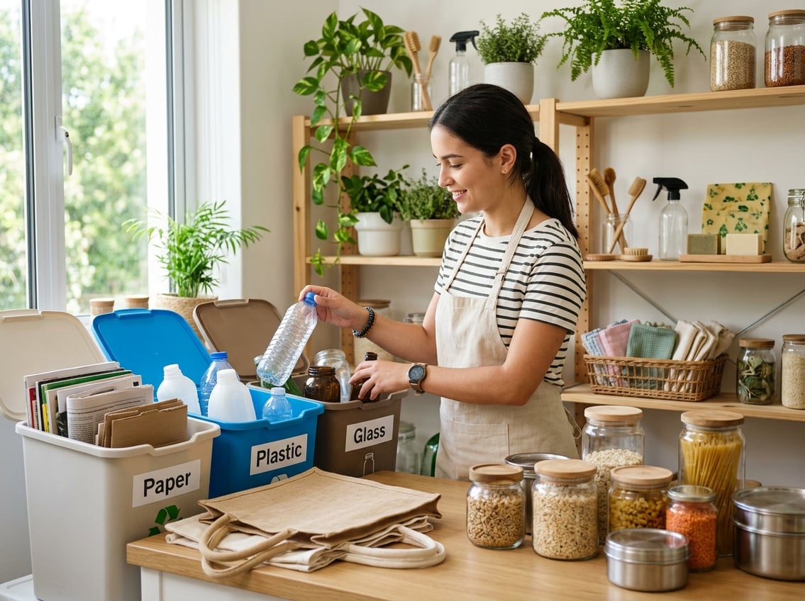 A person sorting recyclable materials into bins in a bright workspace with reusable items and plants nearby.