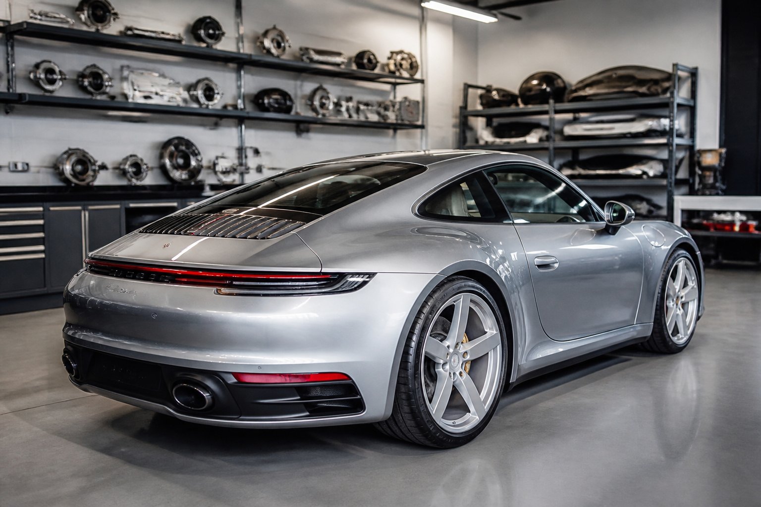 Een Porsche 911 in een moderne werkplaats met originele reserveonderdelen op planken op de achtergrond.