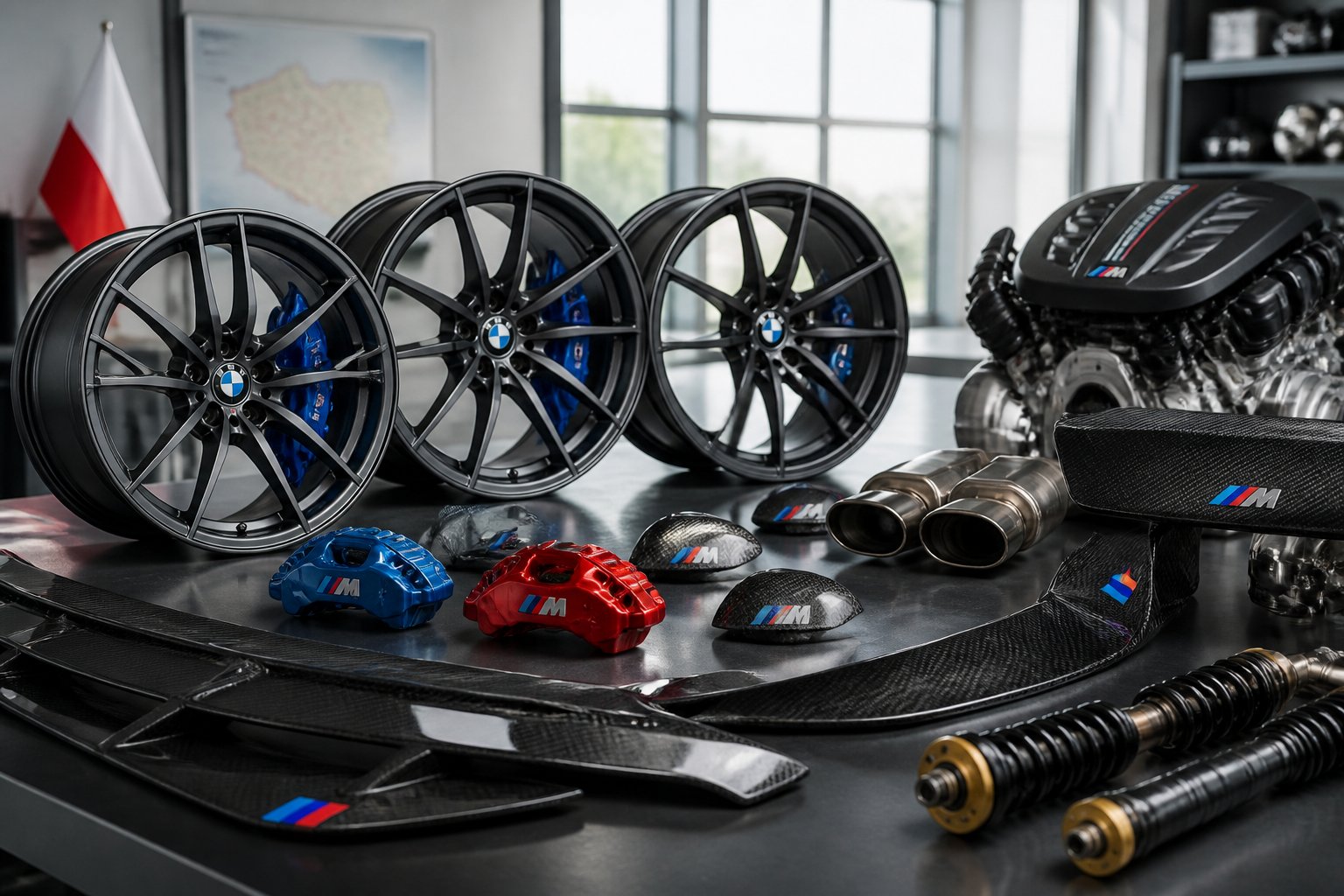 Zestaw części samochodowych BMW M Performance ułożonych na stole w profesjonalnym warsztacie.