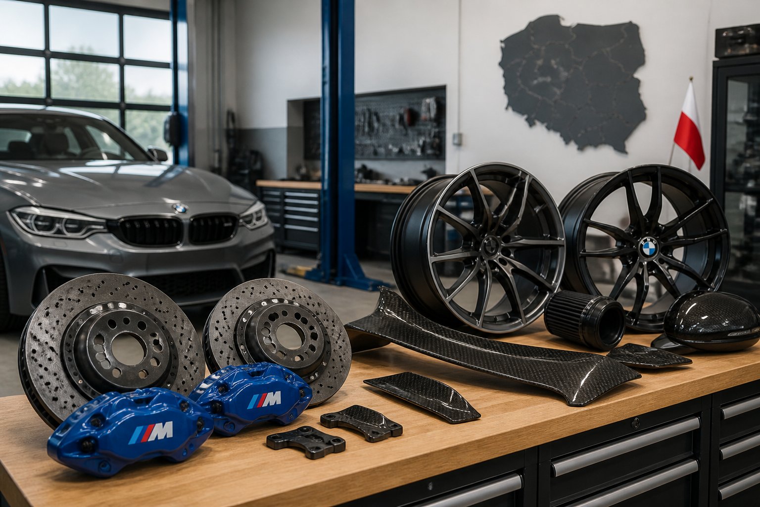 Warsztat samochodowy z oryginalnymi częściami BMW M Performance na stole, w tle częściowo widoczny samochód BMW.